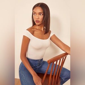 Reformation Jeans White Off The Shoulder Bodysuit